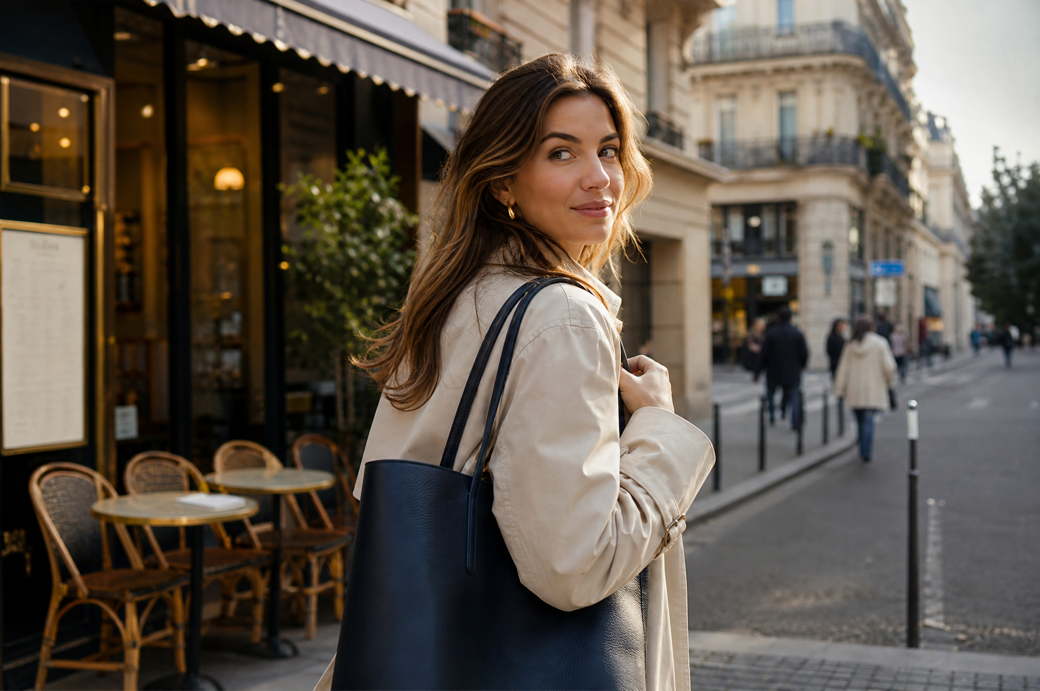Femme portant un sac cabas en cuir marine dans une rue parisienne